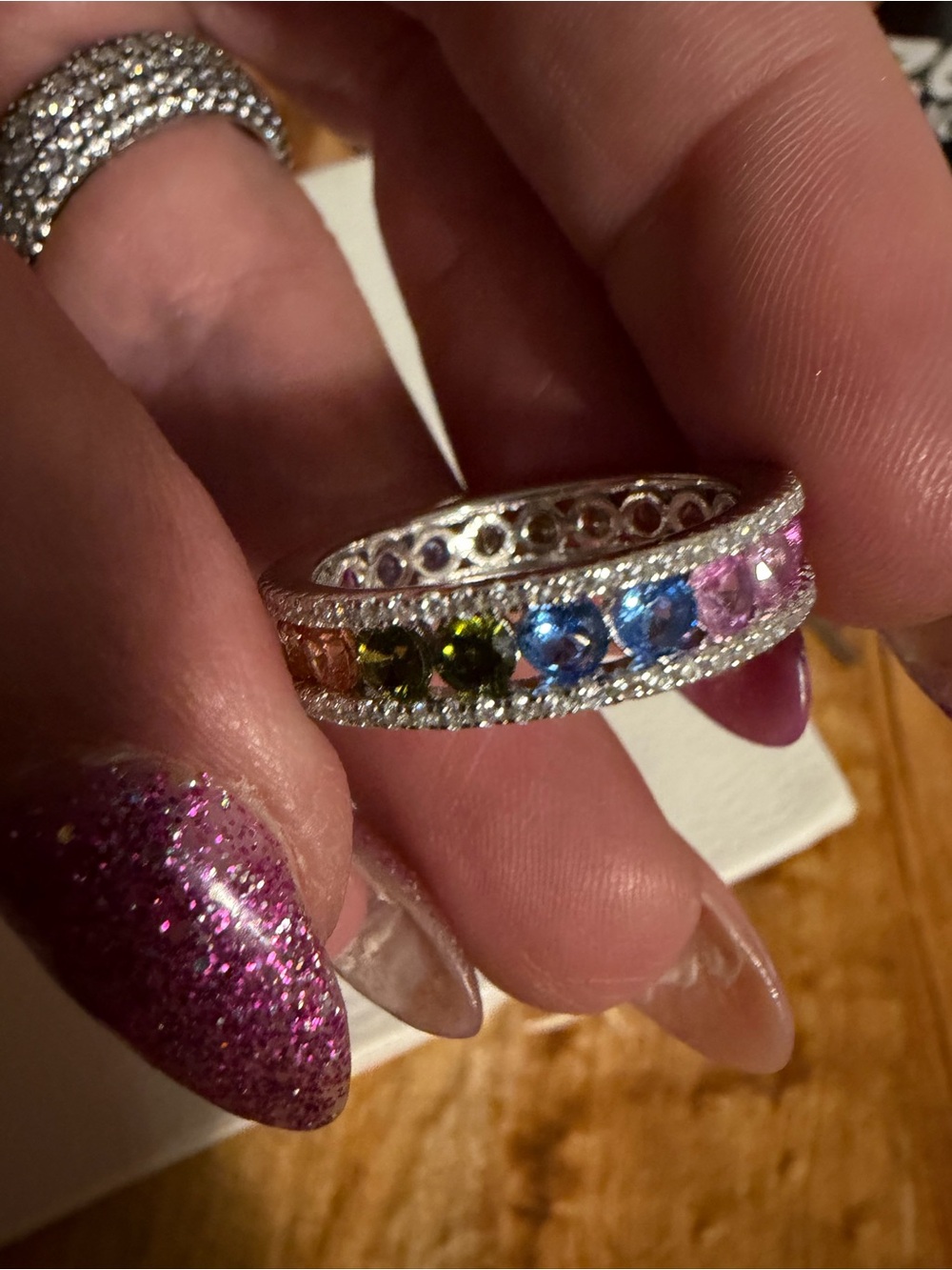 Rainbow Moissanite Eternity Band sz 8